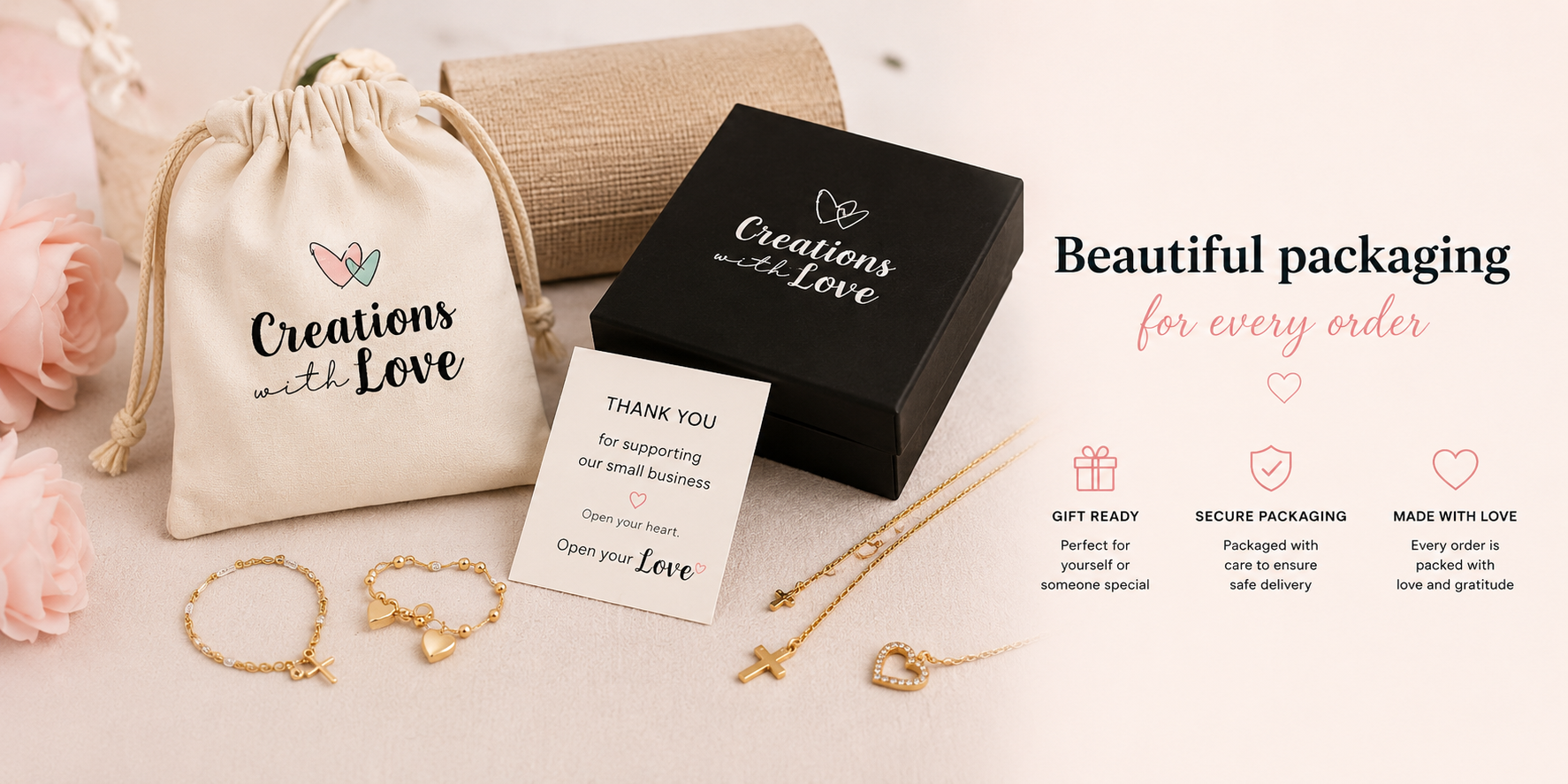 Creations with Love beautiful packaging - gift ready jewelry with branded bag, box, and thank you card